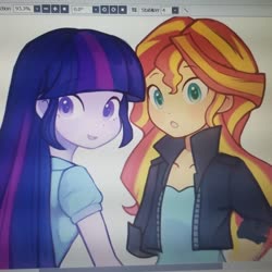 Size: 1080x1080 | Tagged: safe, artist:luluneusa, sunset shimmer, twilight sparkle, equestria girls, g4, colored pupils, female, lesbian, picture of a screen, ship:sunsetsparkle, shipping, wip