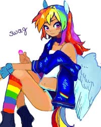 Size: 480x600 | Tagged: safe, artist:luluneusa, rainbow dash, human, g4, belly button, boots, candy, choker, clothes, eared humanization, female, fingerless gloves, food, gloves, humanized, jacket, lollipop, looking at you, midriff, off shoulder, rainbow socks, shoes, shorts, socks, solo, striped socks, swag, tailed humanization, winged humanization, wings