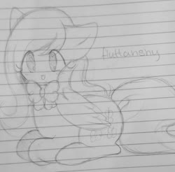 Size: 1080x1061 | Tagged: safe, artist:luluneusa, fluttershy, pegasus, pony, g4, bow, cute, female, lined paper, lying, mare, monochrome, no nose, ponyloaf, prone, shyabetes, sketch, solo, tongue out, traditional art