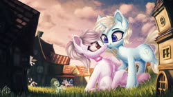 Size: 3200x1800 | Tagged: safe, artist:muggod, derpy hooves, lyra heartstrings, octavia melody, sea swirl, seafoam, oc, oc:eula phi, oc:windbreaker, earth pony, pegasus, pony, unicorn, g4, cloud, collar, commission, female, flying, giant pony, giantess, grass, group, house, jewelry, looking at each other, macro, mare, multicolored hair, necklace, open mouth, outdoors, ponyville, raised hoof, running, size difference, sky