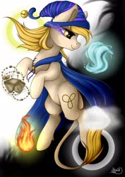 Size: 1024x1449 | Tagged: safe, artist:julunis14, oc, oc only, oc:fate, earth pony, pony, bell, cape, clothes, cloud, commission, darkness, elements, fire, hat, water