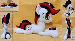 Size: 1280x702 | Tagged: safe, artist:whirlwindflux, oc, oc only, oc:blackjack, pony, unicorn, fallout equestria, fallout equestria: project horizons, fanfic art, female, horn, irl, mare, photo, pipbuck, plushie, prone, solo