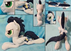 Size: 1024x741 | Tagged: safe, artist:whirlwindflux, soarin', pegasus, pony, g4, folded wings, irl, male, photo, plushie, prone, solo, stallion, wings