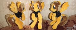 Size: 1024x415 | Tagged: safe, artist:allunacraft, pony, alex gaskarth, all time low, clothes, commission, irl, male, photo, plushie, ponified, shirt, solo, spread wings, stallion, t-shirt, tail feathers, wings
