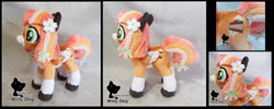 Size: 1280x510 | Tagged: safe, artist:wollyshop, oc, oc only, oc:baby cakes, pegasus, pony, bell, bow, colored hooves, colored muzzle, commission, female, flower, folded wings, irl, mare, photo, plushie, solo, wings
