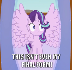 Size: 892x867 | Tagged: safe, artist:forgalorga, starlight glimmer, alicorn, pony, seraph, seraphicorn, g4, alicornified, caption, female, image macro, larsoncorn, mare, meme, multiple wings, race swap, spread wings, starlicorn, text, this isn't even my final form, wings