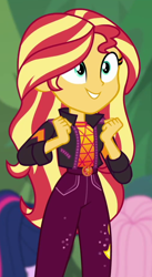 Size: 502x914 | Tagged: safe, screencap, fluttershy, sci-twi, sunset shimmer, twilight sparkle, equestria girls, equestria girls series, g4, sunset's backstage pass!, spoiler:eqg series (season 2), cropped, female, music festival outfit
