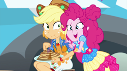 Size: 1920x1080 | Tagged: safe, screencap, applejack, pinkie pie, equestria girls, equestria girls specials, g4, my little pony equestria girls: better together, my little pony equestria girls: sunset's backstage pass, female, food, messy, pancakes