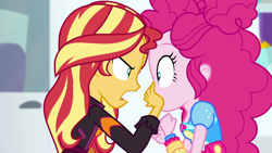 Size: 1920x1080 | Tagged: safe, screencap, pinkie pie, sunset shimmer, equestria girls, equestria girls series, g4, sunset's backstage pass!, spoiler:eqg series (season 2), covering mouth, female, geode of empathy, geode of sugar bombs, magical geodes, music festival outfit