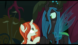 Size: 1024x600 | Tagged: safe, artist:emeriss96, edit, edited screencap, screencap, crackle cosette, queen chrysalis, changeling, changeling queen, pony, unicorn, g4, season 8, the mean 6, disguise, disguised changeling, everfree forest, female, tree