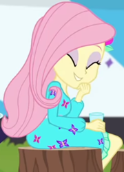Size: 370x513 | Tagged: safe, screencap, fluttershy, equestria girls, equestria girls specials, g4, my little pony equestria girls: better together, my little pony equestria girls: sunset's backstage pass, clothes, cropped, cup, cute, dress, eyes closed, female, hairclip, laughing, long sleeves, rv, shyabetes, sitting, smiling, tree stump