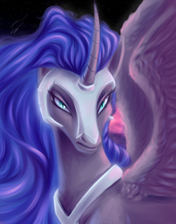 Size: 1500x1900 | Tagged: safe, artist:гусь, nightmare moon, alicorn, pony, g4, armor, female, helmet, horn, looking at you, mare, solo, space background, wings