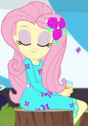 Size: 375x533 | Tagged: safe, screencap, fluttershy, equestria girls, equestria girls series, g4, sunset's backstage pass!, spoiler:eqg series (season 2), clothes, cropped, cup, cute, dress, drink, eyes closed, female, hairclip, long sleeves, rv, shyabetes, sitting, smiling, tree stump, waistband