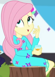 Size: 378x525 | Tagged: safe, screencap, fluttershy, equestria girls, equestria girls series, g4, sunset's backstage pass!, spoiler:eqg series (season 2), clothes, cropped, cup, cute, dress, drink, female, hairclip, long sleeves, looking up, rv, shyabetes, sitting, smiling, tree stump, waistband