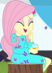 Size: 370x519 | Tagged: safe, screencap, fluttershy, equestria girls, equestria girls series, g4, sunset's backstage pass!, spoiler:eqg series (season 2), clothes, cropped, cup, cute, dress, drink, eyes closed, female, hairclip, laughing, long sleeves, rv, shyabetes, sitting, smiling, tree stump, waistband