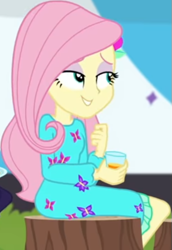 Size: 367x532 | Tagged: safe, screencap, fluttershy, equestria girls, equestria girls series, g4, sunset's backstage pass!, spoiler:eqg series (season 2), clothes, cropped, cup, cute, dress, drink, female, hairclip, lidded eyes, long sleeves, rv, shyabetes, sitting, smiling, tree stump, waistband