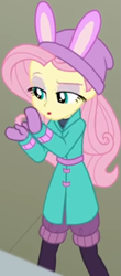 Size: 405x917 | Tagged: safe, screencap, fluttershy, blizzard or bust, equestria girls, equestria girls series, g4, holidays unwrapped, spoiler:eqg series (season 2), bird whistle, bunny ears, clothes, coat, cropped, cute, female, leg warmers, lidded eyes, mittens, shirt, shyabetes, undershirt, waistband, winter hat, winter outfit
