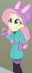 Size: 407x912 | Tagged: safe, screencap, fluttershy, blizzard or bust, equestria girls, equestria girls series, g4, holidays unwrapped, spoiler:eqg series (season 2), bunny ears, clothes, coat, cropped, cute, female, leg warmers, looking up, mittens, shirt, shyabetes, smiling, undershirt, waistband, winter hat, winter outfit