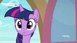 Size: 1920x1080 | Tagged: safe, screencap, twilight sparkle, alicorn, pony, g4, the point of no return, discovery family, discovery family logo, female, logo, mare, solo, twilight sparkle (alicorn)