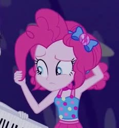 Size: 467x504 | Tagged: safe, screencap, pinkie pie, equestria girls, equestria girls series, g4, spring breakdown, spoiler:eqg series (season 2), armpits, choker, clothes, confused, cropped, cruise concert outfit, dress, exposed belly, female, geode of sugar bombs, hairband, hairstyle, magical geodes, midriff, playing with hair, skirt, sleeveless, sleeveless dress, solo