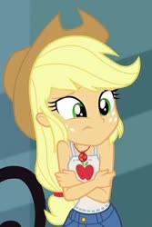 Size: 345x518 | Tagged: safe, screencap, applejack, equestria girls, g4, my little pony equestria girls: better together, street chic, bare shoulders, cold, cropped, female, freezing, geode of super strength, magical geodes, shivering, sleeveless, solo