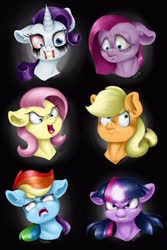 Size: 2000x3000 | Tagged: safe, artist:valemjj, applejack, fluttershy, pinkie pie, rainbow dash, rarity, twilight sparkle, pony, g4, anti-elements, bust, evil mane six, high res, mane six, mean six, pinkamena diane pie