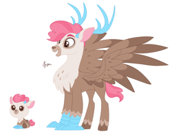 Size: 2468x1934 | Tagged: safe, artist:polymercorgi, oc, oc only, oc:brown butter vanilla bean popcorn chocolate cupcake, oc:vanilla bean, deer, deer pony, original species, peryton, oopsverse, adopted offspring, parent:pinkie pie, solo