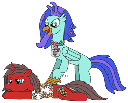 Size: 2000x1608 | Tagged: safe, artist:supahdonarudo, oc, oc only, oc:ironyoshi, oc:sea lilly, classical hippogriff, hippogriff, pony, unicorn, camera, clothes, excited, jewelry, necklace, prone, rubbing, shirt, simple background, transparent background, unamused