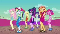 Size: 1280x720 | Tagged: safe, screencap, applejack, fluttershy, pinkie pie, rainbow dash, rarity, sci-twi, sunset shimmer, twilight sparkle, equestria girls, g4, i'm on a yacht, my little pony equestria girls: better together, female, humane five, humane seven, humane six