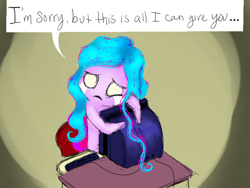 Size: 800x600 | Tagged: safe, artist:auroraswirls, oc, oc only, oc:aurora swirls, pony, chibi, computer, crying, gradient background, keyboard, sad, solo, speech, white eyes