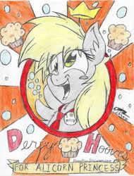 Size: 718x945 | Tagged: safe, artist:petanoprime, derpy hooves, pegasus, pony, g4, blush sticker, blushing, bust, crown, female, food, jewelry, mare, muffin, necktie, open mouth, regalia, signature, smiling, solo, sunburst background, text, traditional art