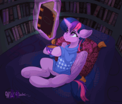 Size: 1700x1457 | Tagged: safe, artist:wildviolet-m, twilight sparkle, alicorn, pony, g4, animated, book, bookshelf, clothes, cute, ear fluff, female, food, frog (hoof), gif, hoof hold, library, magic, mare, reading, sitting, solo, soup, sweater, tail wag, telekinesis, twiabetes, twilight sparkle (alicorn), underhoof