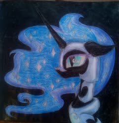 Size: 3013x3123 | Tagged: safe, artist:mysteriousshine, nightmare moon, alicorn, pony, g4, bust, ethereal mane, female, helmet, high res, mare, peytral, solo, starry mane, traditional art, wingding eyes