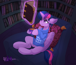 Size: 1750x1500 | Tagged: safe, artist:wildviolet-m, twilight sparkle, alicorn, pony, g4, book, bookshelf, clothes, coffee, female, leaning back, magic, mare, reading, sitting, solo, sweater, telekinesis, twilight sparkle (alicorn)