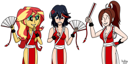 Size: 1920x960 | Tagged: safe, artist:toonalexsora007, sunset shimmer, human, equestria girls, g4, ami koshimizu, clothes, cosplay, costume, crossover, fan, fatal fury, female, japanese, kill la kill, king of fighters, mai shiranui, ryuko matoi, voice actor joke