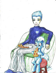 Size: 697x913 | Tagged: safe, artist:nelbsia, trixie, oc, oc:jeyle, human, pony, g4, food, meat, pepperoni, pepperoni pizza, pizza, traditional art