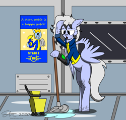 Size: 1943x1846 | Tagged: safe, artist:derpanater, oc, oc only, oc:custodia, pegasus, pony, fallout equestria, bucket, clothes, dirty, jumpsuit, mop, pipbuck, poster, stable (vault), vault, vault suit
