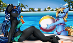 Size: 3117x1857 | Tagged: safe, artist:pridark, oc, oc only, oc:queen lahmia, oc:skydreams, changeling, changeling queen, unicorn, anthro, unguligrade anthro, anthro oc, beach ball, belly button, bikini, blue changeling, breasts, changeling oc, clothes, digital art, female, levitation, magic, mare, midriff, smiling, sunglasses, swimming pool, swimsuit, telekinesis