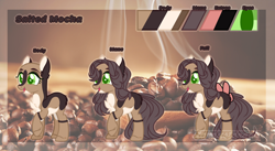 Size: 3000x1644 | Tagged: safe, artist:charlotteartz, oc, oc only, oc:salted mocha, earth pony, pony, bald, bow, female, mare, reference sheet, solo, tail bow