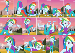 Size: 1652x1163 | Tagged: safe, edit, screencap, rainbow dash, equestria girls, g4, my little pony equestria girls: better together, wake up!, wake up!: rainbow dash, armpits, barefoot, beautiful, clothes, collage, cute, feet, legs, pants, pose, yoga, yoga pants