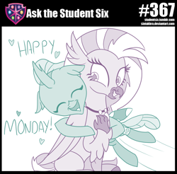 Size: 800x787 | Tagged: safe, artist:sintakhra, ocellus, silverstream, changedling, changeling, classical hippogriff, hippogriff, tumblr:studentsix, g4, cute, diaocelles, diastreamies, heart, hug, irrational exuberance, jewelry, monday, necklace, post-it, smiling