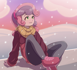 Size: 2200x2000 | Tagged: safe, artist:rockset, sweetie belle, equestria girls, clothes, cloud, cute, diasweetes, female, hairband, high res, jacket, scarf, shoes, sitting, smiling, snow, snowfall, solo, winter