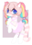 Size: 450x635 | Tagged: safe, artist:peachesandcreamated, oc, oc only, unnamed oc, earth pony, pony, abstract background, blushing, clothes, cute, earth pony oc, garter belt, garters, miniskirt, multicolored hair, nervous, pigtails, rainbow hair, rearing, shy, skirt, socks, solo, stockings, thigh highs, ych result