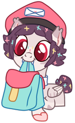 Size: 550x900 | Tagged: safe, artist:crystalharmony99, oc, oc only, oc:dandyletters (rigbythememe), pegasus, pony, bag, base used, fangs, half body, hat, male, simple background, solo, stallion, to saddlebags and back again, transparent background