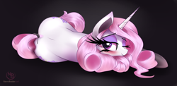 Size: 4654x2280 | Tagged: safe, artist:nevobaster, fleur-de-lis, pony, unicorn, g4, adorasexy, black background, blushing, cute, dock, female, fleurabetes, looking at you, mare, miss fleur is trying to seduce us, on side, one eye closed, sexy, simple background, stupid sexy fleur-de-lis, tail wrap