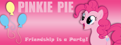 Size: 851x315 | Tagged: safe, artist:flamelauncher14, pinkie pie, earth pony, pony, g4, balloon, banner, cutie mark, female, mare, solo, text