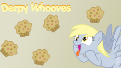 Size: 1920x1080 | Tagged: safe, artist:bronyvectors, artist:flamelauncher14, derpy hooves, pegasus, pony, g4, beige background, female, food, mare, muffin, open mouth, simple background, solo, text, tongue out