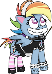 Size: 1007x1436 | Tagged: safe, alternate version, artist:poniidesu, rainbow dash, pegasus, pony, g4.5, my little pony: pony life, clothes, collar, female, femsub, grin, heart eyes, leash, looking up, maid, maid headdress, mare, pet play, pet-dash, rainbow dash always dresses in style, rainbow maid, simple background, smiling, socks, solo, striped socks, submissive, thigh highs, transparent background, wingding eyes, wings