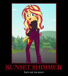 Size: 576x639 | Tagged: safe, sunset shimmer, equestria girls, equestria girls series, g4, sunset's backstage pass!, spoiler:eqg series (season 2), ass, bunset shimmer, butt, meme, motivational poster, music festival outfit