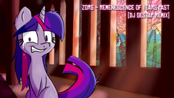 Size: 1920x1080 | Tagged: safe, artist:gestapwarmhunter, artist:joemasterpencil, artist:justagirlonline, artist:wolfiedrawie, edit, twilight sparkle, pony, unicorn, g4, canterlot castle, cover art, crying, female, gritted teeth, mare, sitting, solo, song cover, text, unicorn twilight, window